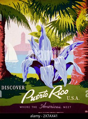 Entdecken Sie Puerto Rico – wo sich Amerika trifft.“ Werbung für Puerto Rico für den Tourismus, mit Blick auf den Park mit Palmen - Frank Nicholson Stockfoto