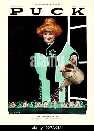 William Ely Hill - Puck Magazine - eine Frau mit einer Gießkanne gießt Wasser auf einen Fensterkasten mit den Gesichtern von Männern statt Blumen - 1913 Stockfoto