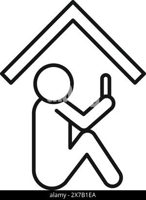 Ein lineares Symbol, das eine Stabfigur unter einem Hausdach darstellt, das das Konzept „zu Hause bleiben“ kennzeichnet Stock Vektor