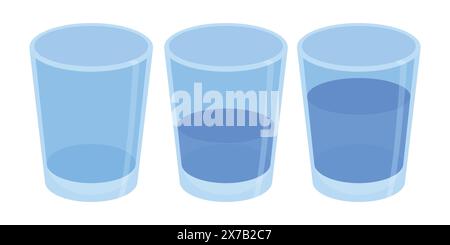 Symbolsatz „voll“, „Halb“ und „Leere Glas Wasser“. Wasser trinken Glas Vektorset. Wasserglas. Wassersymbole Stock Vektor