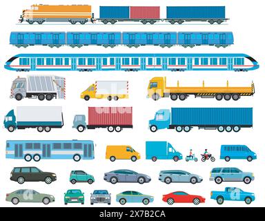 Sammlung von LKWs und Autos, Zügen, Bussen und Transportern, isoliert geschnitten, Illustration Stock Vektor