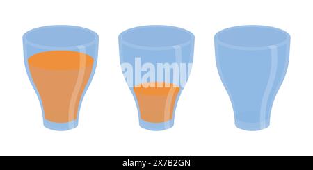 Symbolsatz voller, halber und leerer Orangensaft. Orangensaftgetränk Glas Vektor Set. Milchglas. Symbole für Orangensaft Stock Vektor