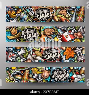 Zeichentrickvektor-Doodle-Set mit kanadischen Corporate Identity-Vorlagen. Farbenfrohe kanadische Banner Stock Vektor