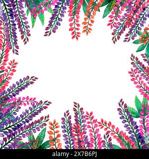 Ein quadratischer Rahmen mit Aquarellblumen und Blättern vor weißem Hintergrund Stockfoto