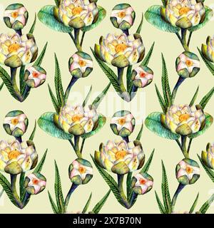 Ein harmonisches Design mit weißen Blumen und grünen Blättern auf beigefarbenem Hintergrund, das ein nahtloses Muster schafft Stockfoto