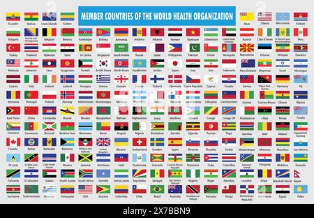 Flaggen der Mitgliedsländer der Weltgesundheitsorganisation (WHO). World Flags Collection Zeichnung nach Illustration. Länder der Weltgesundheitsorganisation. Stockfoto