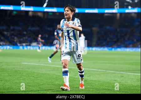 Takefusa Kubo von Real Sociedad reagiert während des LaLiga EA Sports Matches zwischen Real Sociedad und Valencia CF im reale Arena Stadium am 16. Mai 2024 in Stockfoto