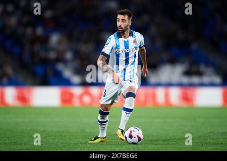 Brais Mendez von Real Sociedad mit dem Ball beim LaLiga EA Sports Match zwischen Real Sociedad und Valencia CF im reale Arena Stadium am 16. Mai Stockfoto