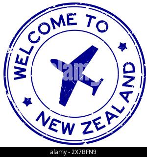 Grunge Blue Willkommen in neuseeland mit Flugzeugsymbol rundem Gummisiegelstempel auf weißem Hintergrund Stock Vektor