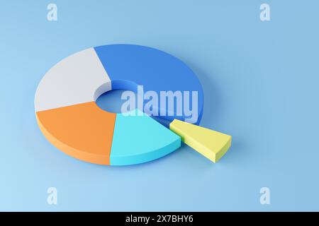 Buntes Tortendiagramm auf blauem Hintergrund, Konzept für Finanzwachstum, Statistik oder Investitionsdiagramm, 3D-Illustration Stockfoto