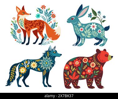 Waldtiere mit Blumenmuster. Stock Vektor