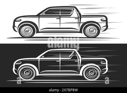 Vektor-Logo für Pickup Truck, dekoratives Automobil-Banner mit einfacher Konturillustration von Line Art monochrome elegante Pickup Truck in Bewegung, Lauf Stock Vektor