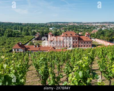 Schloss Troja Panoramablick auf die Stadt mit der Prager Burg dahinter und Weinbergen davor. Barockes Palastgebäude im Prager Stadtteil Troja von 1 Stockfoto