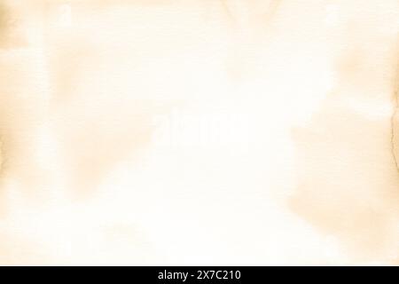 Altes Vintage-Papier. Aquarellabbildung. Blatt mit glühender Mitte und Vignette im Grunge-Stil. Hintergrund mit Schrammen, Flecken und Sepia-Streifen. Stockfoto