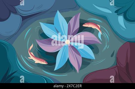 Blick von oben auf den Teich mit Blumen und Fischen. Stock Vektor