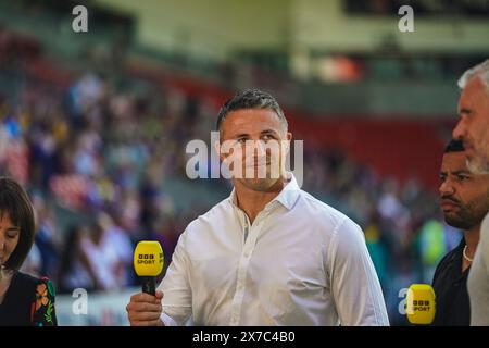 St Helens, Merseyside, Großbritannien. Mai 2024. Betfred Challenge Cup Rugby: Huddersfield Giants vs Warrington Wolves im Totally Wicked Stadium. Sam Burgess nahm mit BBC vor dem Halbfinale gegen Huddersfield an. Credit James Giblin Photography/Alamy Live News. Stockfoto