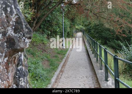 Ein schmaler, kopfsteingepflasterter Weg, der von einem Metallgeländer gesäumt ist und von üppigem Grün umgeben ist. Der Weg wird von einem großen Felsen auf einer Seite und Bäumen o begrenzt Stockfoto