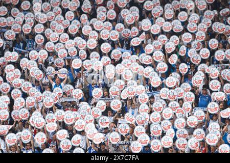 Rostock, Deutschland. Mai 2024. Fußball: Bundesliga 2, Hansa Rostock - SC Paderborn 07, Spieltag 34, Ostseestadion. Fans des FC Hansa Rostock halten vor Spielbeginn Schilder mit dem Vereinslogo auf den Tribünen hoch. Hinweis: Gregor Fischer/dpa – WICHTIGER HINWEIS: gemäß den Vorschriften der DFL Deutscher Fußball-Liga und des DFB Deutscher Fußball-Bundes ist es verboten, im Stadion und/oder des Spiels aufgenommene Fotografien in Form von sequenziellen Bildern und/oder videoähnlichen Fotoserien zu verwenden oder zu nutzen./dpa/Alamy Live News Stockfoto