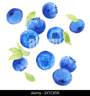 Fallende saftige reife Erdbeeren mit grünen Blättern auf weißem Hintergrund. Aquarellillustration für Werbung für Säfte, Desserts, Gebäck. Stockfoto