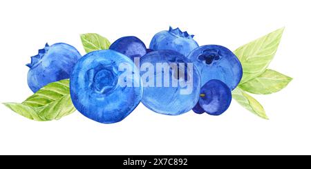 Heidelbeerzusammensetzung. Blaue Beeren, Grün und Blätter in Aquarellfarben. Ein Zweig reifer Heidelbeere liegt auf dem Tisch. Abbildung für Verpackung von Öko-Prod Stockfoto