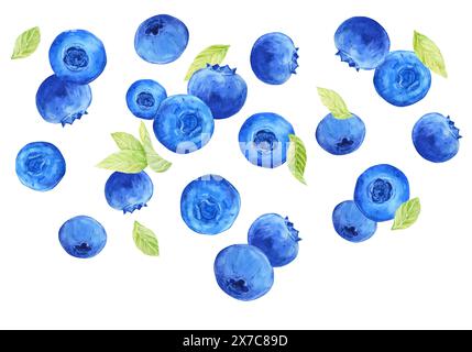 Fallende saftige reife Erdbeeren mit grünen Blättern auf weißem Hintergrund. Aquarellillustration für Werbung für Säfte, Desserts, Gebäck. Stockfoto