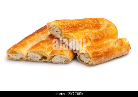 Katalog Bäckerei borek, burek vertuta Spiralförmige griechische Käsepie Füllung Fleisch oder Quark auf weißem Hintergrund isolieren. Mit Beschneidungspfad für Stockfoto