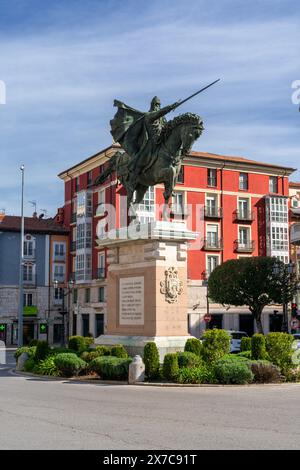 Burgos, Spanien - 14. April 2024: Denkmal des El Cid am Ufer des Arlanzon in der Innenstadt von Burgos Stockfoto