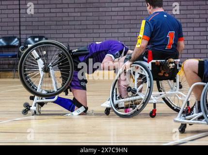 Brentwood Essex 19. Mai 2024 Rollstuhl Rugby League: Brentwood Aels (Stripped Shirt, gelbe Tags) vs Team Colostomy UK (Purple Shirts, weiße Tags) im Brentwood Centre, Brentwood Essex UK Credit: Ian Davidson/Alamy Live News Stockfoto