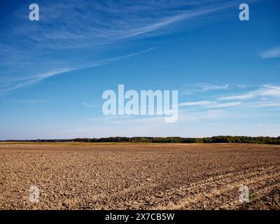 Ein riesiges gepflügtes Feld unter einem breiten blauen Himmel mit schroffen Wolken, was das Konzept der Landwirtschaft und die Ruhe des ländlichen Lebens suggeriert. Ideal für Backgr Stockfoto