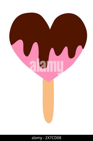 Eis mit Schokolade am Stab, in Herzform. Im Sommer süße Speisen. Illustration der Vektorabwicklung. Stock Vektor
