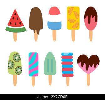 Eiskollektion. Zitrusorange, Wassermelone, Classic, Eis, Sorbet, kiwi, Fudge, Eis, Eisbecher, Schokolade, in Kegel. Im Sommer süße Speisen. Stock Vektor