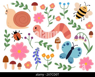 Süßes und gemütliches Set aus Schnecke, Wurm, Schmetterling, Biene, Marienkäfer, Pilze und Blumen. Kinder Clip Art. Flora und Fauna im Frühling oder Sommer. Vektor flach Stock Vektor