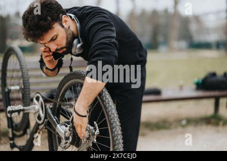 Geschäftsmann repariert eine Fahrradkette, während er draußen telefoniert. Stockfoto