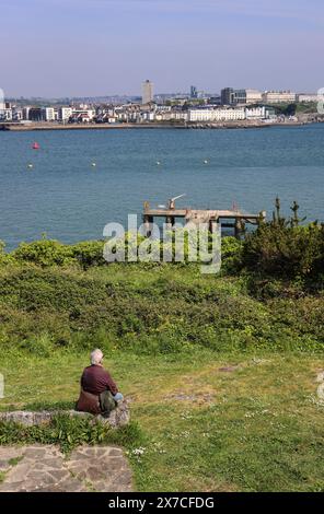 Blick auf Millbay und West Hoe von der Spitze von Drake’s Island mit Vordergrundfigur und Landeplatz. Ein aufrechtes Bild. 2019 von Busin gekauft Stockfoto