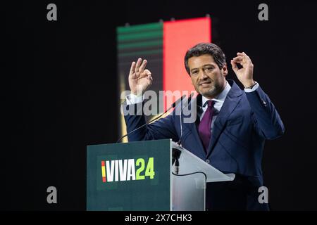 Madrid, Spanien. Mai 2024. Andre Ventura, Vorsitzender der rechtsextremen Chega-Partei Portugals, sprach während der Konferenz "Europa Viva 24", die von der rechtsextremen Partei Vox im Palacio de Vistalegre organisiert wurde. Rechtsextreme Politiker aus verschiedenen Ländern haben an dem Konvent vor den Europawahlen teilgenommen. Quelle: Marcos del Mazo/Alamy Live News Stockfoto