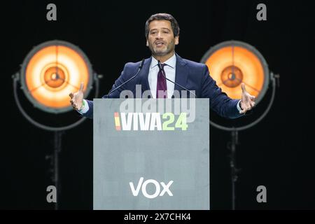 Madrid, Spanien. Mai 2024. Andre Ventura, Vorsitzender der rechtsextremen Chega-Partei Portugals, sprach während der Konferenz "Europa Viva 24", die von der rechtsextremen Partei Vox im Palacio de Vistalegre organisiert wurde. Rechtsextreme Politiker aus verschiedenen Ländern haben an dem Konvent vor den Europawahlen teilgenommen. Quelle: Marcos del Mazo/Alamy Live News Stockfoto