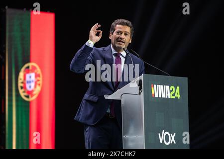 Madrid, Spanien. Mai 2024. Andre Ventura, Vorsitzender der rechtsextremen Chega-Partei Portugals, sprach während der Konferenz "Europa Viva 24", die von der rechtsextremen Partei Vox im Palacio de Vistalegre organisiert wurde. Rechtsextreme Politiker aus verschiedenen Ländern haben an dem Konvent vor den Europawahlen teilgenommen. Quelle: Marcos del Mazo/Alamy Live News Stockfoto