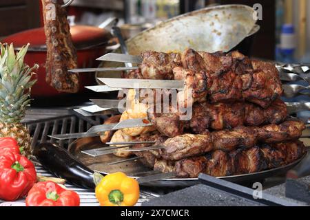 Kebabs auf Spießen, Nahaufnahme. Food Court auf der Messe, Outdoor Cooking. Warmes und leckeres Essen. Gekochter Kebab und Gemüse Stockfoto