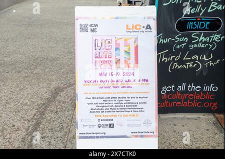 New York, Usa. Mai 2024. Ein Schild für die LIC Art Open Week vor dem Culture Lab in Long Island City im Queens Borough von New York City. (Foto: Ron Adar/SOPA Images/SIPA USA) Credit: SIPA USA/Alamy Live News Stockfoto