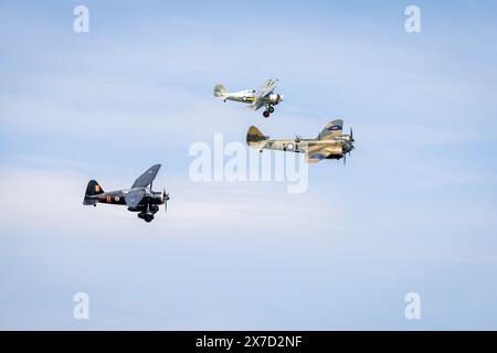 Gloster Gladiator, Westland Lysander & Bristol Blenheim, die am 12. Mai 2024 auf der Best of British Airshow in Shuttleworth stattfand. Stockfoto