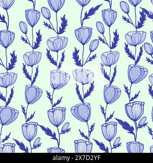 Tulpen Blume, Hand gezeichnet blaue Tinte Frühling florale Hintergrund nahtlose Muster für Textil, blaue Blume Hintergrund Stock Vektor