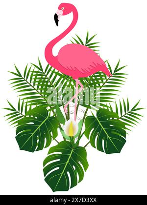 Rosa Flamingo und Monstera und tropische Palmenblätter. Stock Vektor