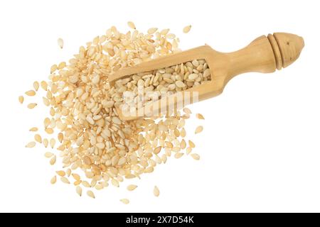 Sesamsamen in Holzschaufel isoliert auf weißem Hintergrund. Draufsicht. Flache Lagen. Stockfoto