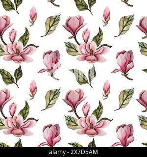 Nahtloses Muster mit Magnolienblüte. Handgezeichnete Aquarellillustration mit rosa Magnolienblüten und grünen Blättern. Illustration für Hochzeit Stockfoto