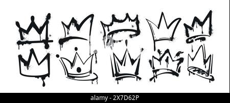 Vektor Sprayfarbe Graffiti Kronen Set. Schwarz gemalte Tinte König-, Königin- oder Prinzenkrone isoliert auf weißem Hintergrund. Handgezeichnete Prinzessin Diadem. Grunge Airbrush Street Art, Inky Royal Logo mit Spritzern Stock Vektor