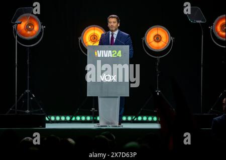 Madrid, Spanien. Mai 2024. Andre Ventura, Präsident der portugiesischen rechtspopulistischen Partei Chega, spricht während des politischen Kongresses Europa Viva 24, der von der rechtsextremen spanischen Partei VOX im Palacio de Vistalegre in Madrid organisiert wird. Quelle: SOPA Images Limited/Alamy Live News Stockfoto