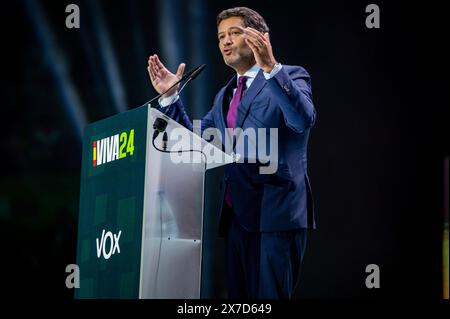 Madrid, Spanien. Mai 2024. Andre Ventura, Präsident der portugiesischen rechtspopulistischen Partei Chega, spricht während des politischen Kongresses Europa Viva 24, der von der rechtsextremen spanischen Partei VOX im Palacio de Vistalegre in Madrid organisiert wird. Quelle: SOPA Images Limited/Alamy Live News Stockfoto