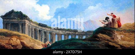 Eine Kolonnade in Ruinen. Hubert Robert (Französisch, Paris 1733-1808 Paris) Öl auf Leinwand. 23 x 61 1/8 Zoll (58,4 x 155,3 cm) Gemälde Stockfoto