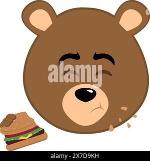 Vektor-Illustration Gesicht brauner Grizzlybär Cartoon, der einen Hamburger isst Stock Vektor