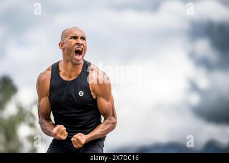 Gotzis, Österreich. Mai 2024. Der Kanadier Damian Warner feiert während der Herren-Decathlon-Veranstaltung am zweiten und letzten Tag des Hypo-Meetings, IAAF World Combined Events Challenge, im Mosle-Stadion in Gotzis, Österreich, Sonntag, den 19. Mai 2024. BELGA FOTO JASPER JACOBS Credit: Belga News Agency/Alamy Live News Stockfoto